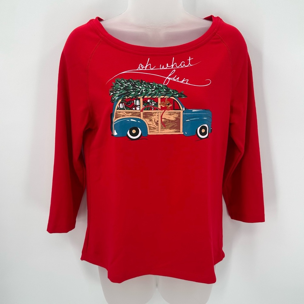 3/$15 Christmas Top Womens S Red Tee 3/4 Slv Boatneck Graphic Car Holiday Tree